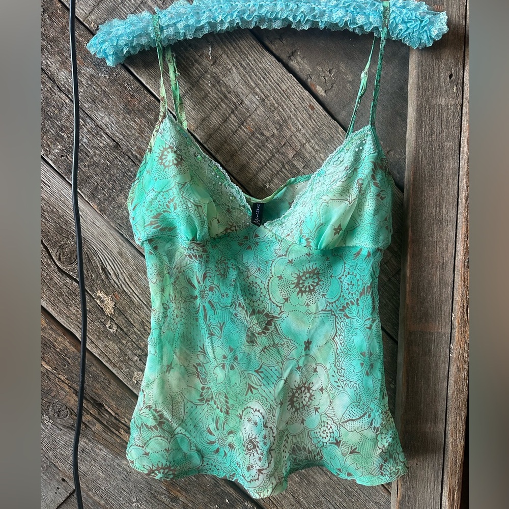 Floral Green and Brown Y2K Lace and Beaded Camisole tank Top